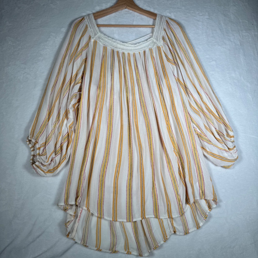 Urban Outfitters Striped Boho Lace Trim Peasant Top Square Neck Balloon Sleeve S - Picture 2 of 8